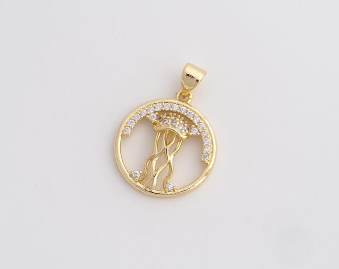 CZ Jellyfish Pendant,Marine Life Pendant,18K Gold Filled Round Charm,DIY Jewelry Accessories,25x18x3.4mm