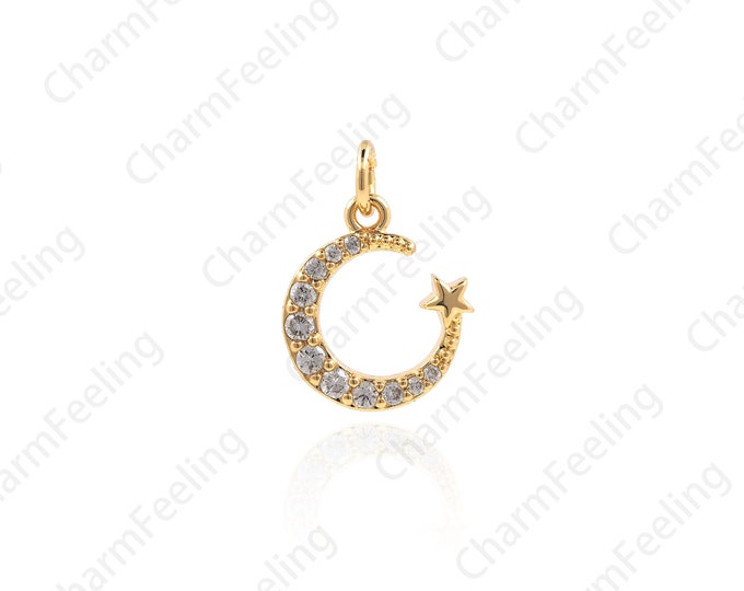 Micro-Pave Moon Star Pendant, Crescent Moon Necklace, Star Moon Necklace, Moon Charm, Star Charm, Crescent Pendant 17.4x12.4x2.5mm 1pcs