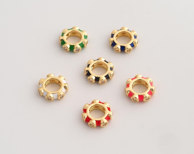 18K Gold Filled CZ Round Spacer Beads,Enamel Large Hole Beads,Flat Beads,DIY Jewelry Supplies,9.8x3mm Hole 5.6mm