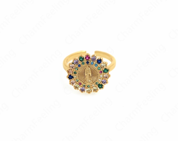 18K Gold Filled Virgin Mary Ring, Religious Ring, Religious Charm, Miracle Medal Ring, Gold Open Ring, Adjustable Ring, Stackable Ring