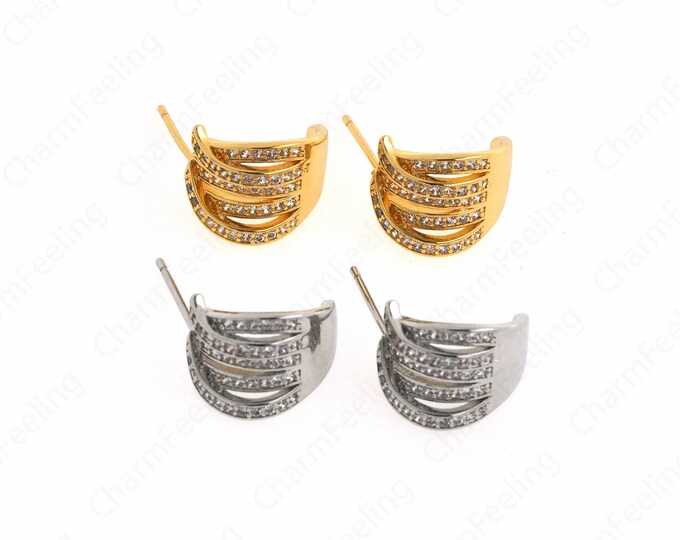 Curved Earrings,Micropavé CZ Exquisite Earrings,Rectangular Rhinestone Earrings,18K Gold Filled Moon Earrings,15.3x8.7x11.3mm