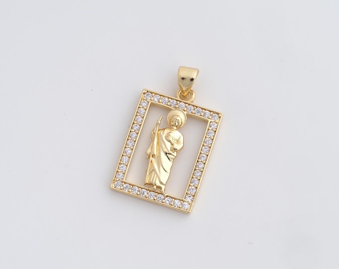 18K Gold Filled St.Jude Medallion Pendant,Micropavé CZ Gold Saint Jude Thaddeus Necklace,DIY Jewelry Supplies,27.8x16.5x3mm