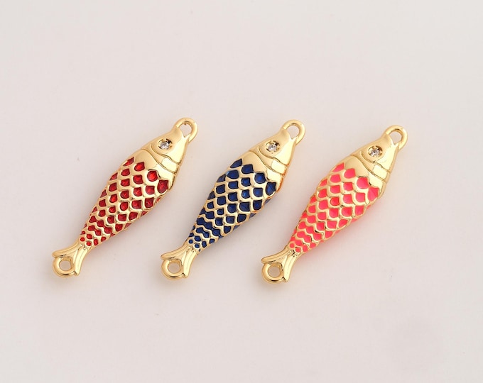 CZ Fish Connector,Enamel Marine Life Connector,18K Gold filled Fish Connector,DIY Bracelet Accessories, 28x7.5x3.7mm