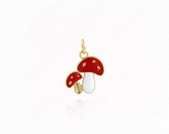 Enamel Charm, Exquisite Mushroom Pendant, 18K Gold Filled Fungus Necklace, Mushroom Charm, Gourmet Necklace, Food Pendant 18x13.3x1.5mm