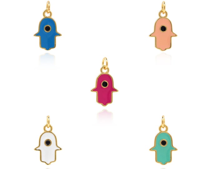 Hamsa Charm, Enamel Hand Pendant, 18K Gold Filled Palm Pendant, Enamel Charm, Hamsa Pendant, DIY Jewelry Accessories, 15x9x1.5mm