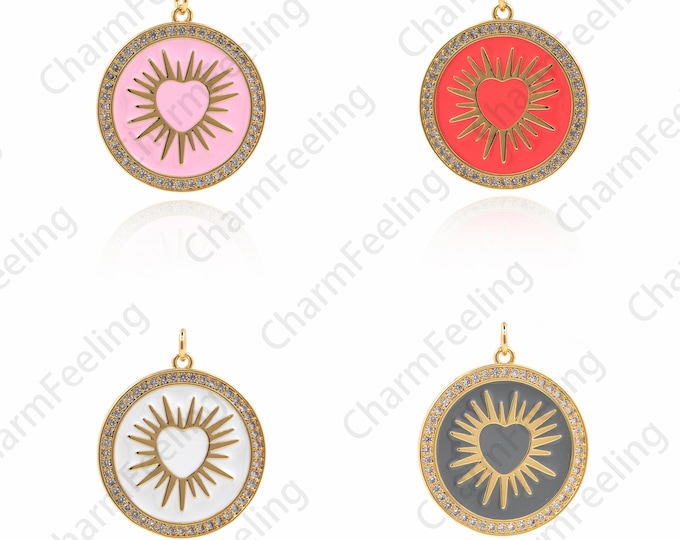 18K Gold Filled Round Enamel Love Heart Pendant, CZ Enamel Heart Necklace, Heart charm, DIY Jewelry Accessories 32x26x2mm