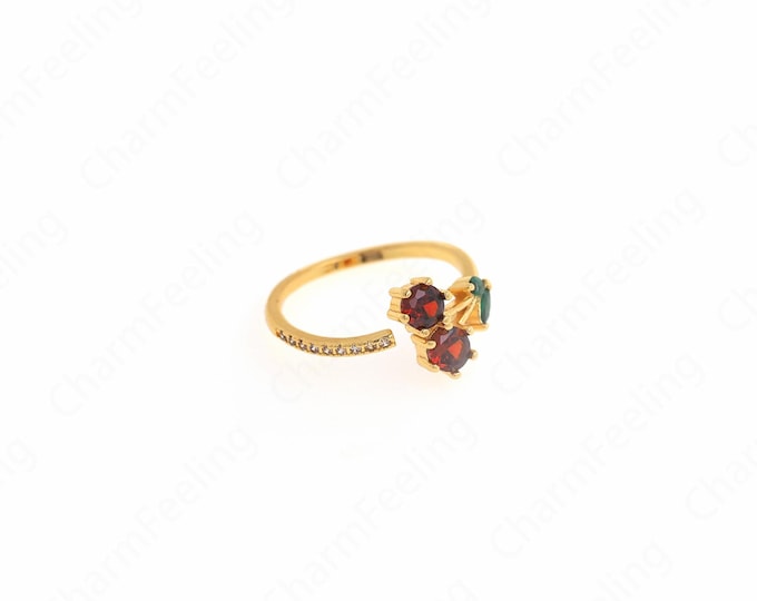 18K Gold Filled Cherry Ring, Fruit Rings, Cherry Charm, Multicolor Ring, Golden Open Ring,Adjustable Ring, Fruit Ring