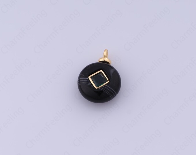 Black Striped Jade Charm,18K Gold Filled Natural Stone Charm,Round Pendant, Micropavé CZ Round Pendant, DIY Jewelry Accessories,18x13x5.7mm
