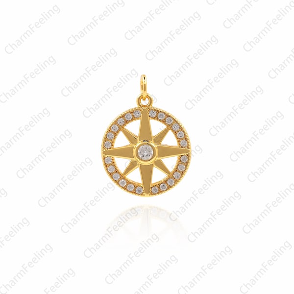 Cubic Zirconia north star charm，Round Coin Dainty Compass Charm，Nautical Charms 18 ×13.5× 2.6mm 1pcs