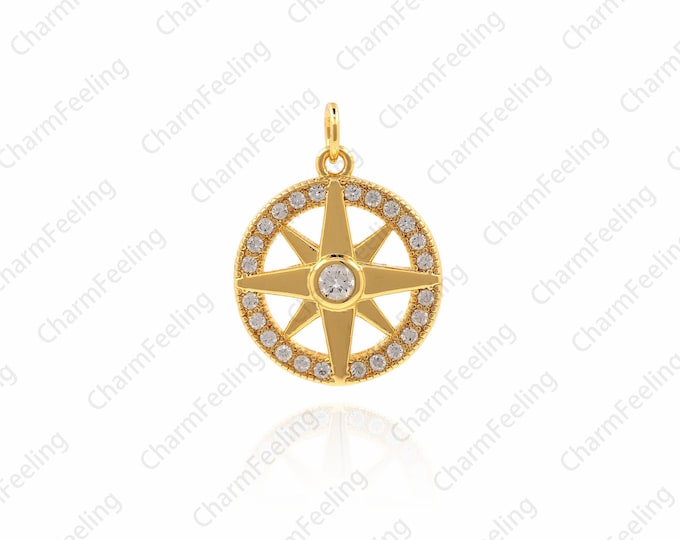 Cubic Zirconia north star charm，Round Coin Dainty Compass Charm，Nautical Charms 18 ×13.5× 2.6mm 1pcs
