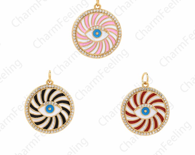 Enamel Eye Pendant,18K Gold Filled Round Eye Pendant, Devil's Eye Necklace, Micropavé CZ Eye Charm, DIY Jewelry Supplies, 25.4x19.8x2mm