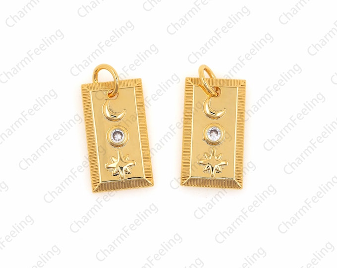 Medallion moon star charm Necklace，Gold Rectangle Moon Pendant，CZ Micro Pave North Star Charm，Bracelet Charm 24.5×12.8×3.5mm  1pcs