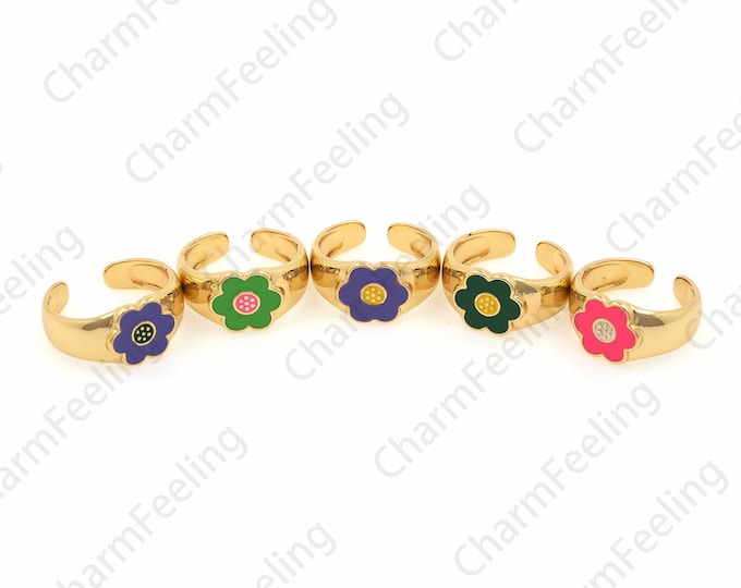 18K Gold Filled Enamel Flower Ring, Flower-Shaped Ring, Good Luck Ring, Signet Ring, Gold Open Ring, Adjustable Ring, Plant Ring
