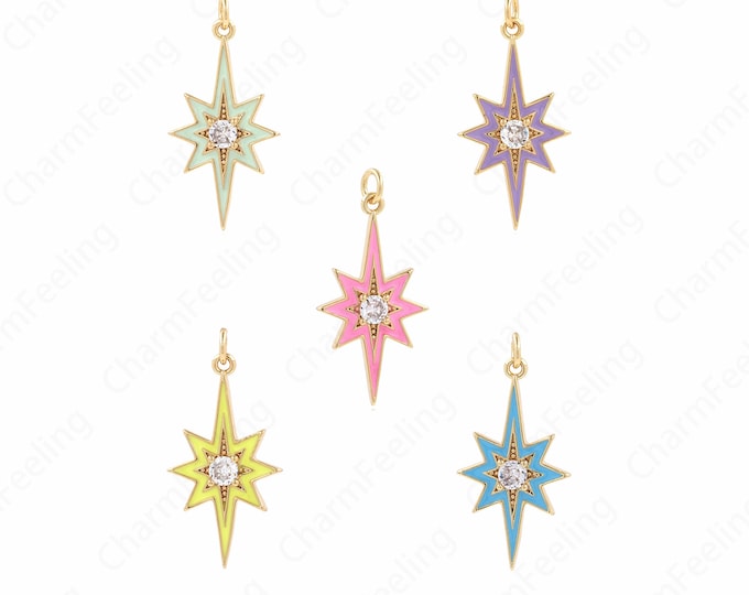 Micropavé CZ Polaris Necklace,Star Charm,Polaris Pendant,Enamel Charm,18K Gold Filled Star Charm,DIY Jewelry Supplies,32.5x16x3.5mm