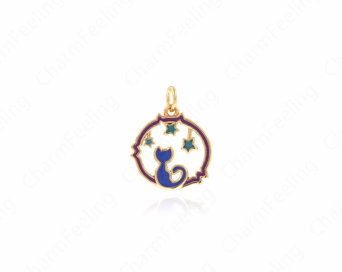 18K Gold Filled Cat Pendant,Enamel Cat Necklace, Cute Jewelry, Animal Pendant, Animal Charm, DIY Jewelry Accessories, 19x15.5x1.5mm