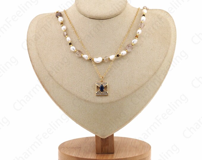 18K Gold Filled Spacer Bead Necklace, Dainty Eye Necklace, Micropavé CZ Freshwater Pearl Necklace, Gift For Her, Everyday Necklace,43cm