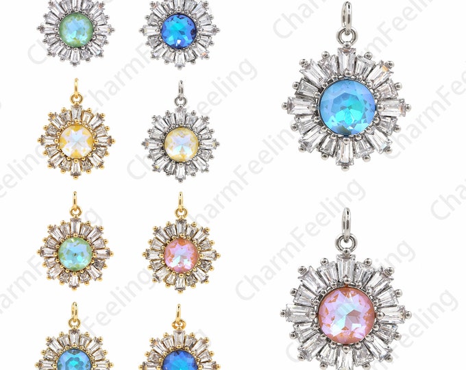 Crystal Sun Pendant, 18K Gold Filled Sun Pendant, Multi-Color Optional, Micro-Pave CZ Pendant, Cubic Zirconia Pendant, 24x19x6mm