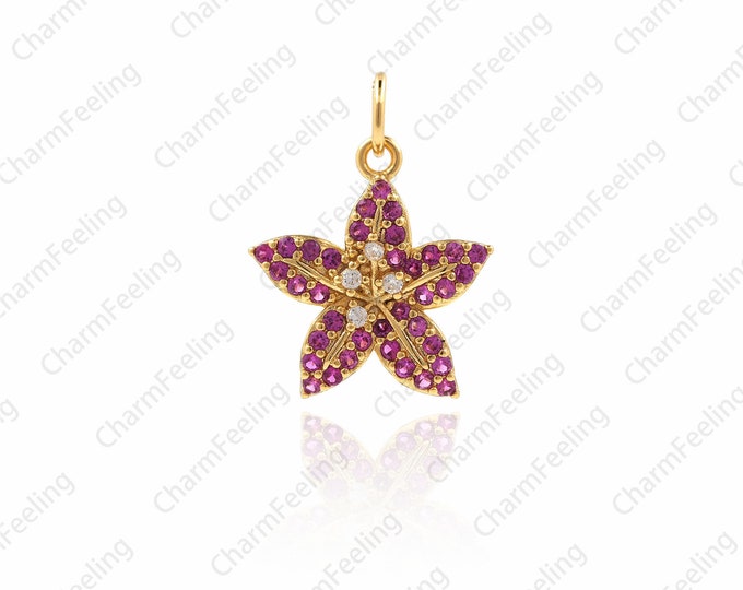 CZ Flower charm pendant，Flower charm，Micro Pave Jewelry pendant，CZ Fuchsia Flower pendant 18.6×14.2×2.9mm  1pcs