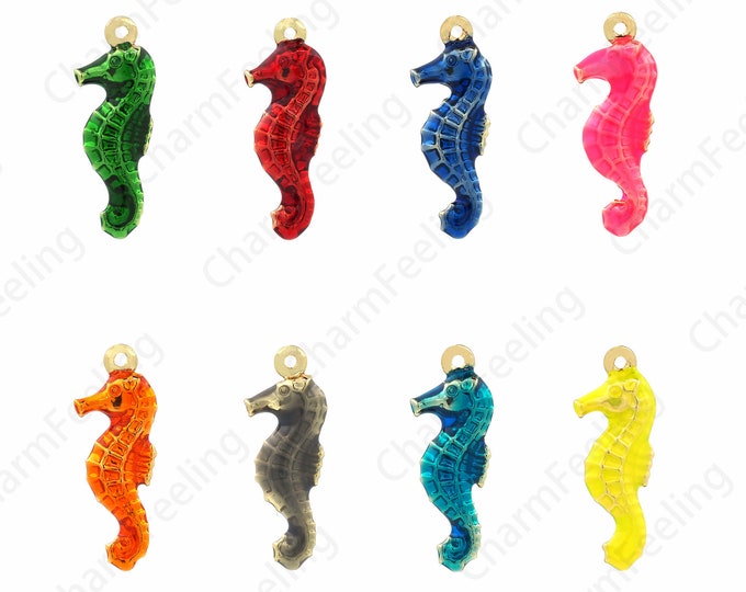 Seahorse Pendant, Enamel Charm, 18K Gold Filled Sea Life Necklace, Seahorse Necklace, DIY Jewelry Supplies, 21x7.5x4mm