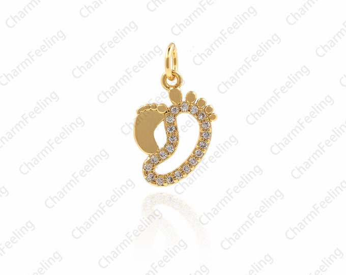 gold foot plated findings，handmade foot charm bracelet jewelry,Cubic Zirconia New Baby Charm 15×9×1.4mm  1pcs