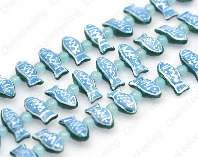 Fish Spacer Beads,Marine Life Spacer Beads,Glazed Ceramics, Ceramic Fish Beads,Hand-Painted Ceramics,DIY Jewelry Supplies，9.5x21x8mm