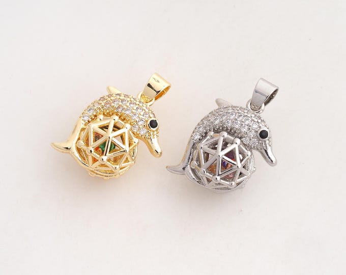 CZ Dolphin Pendant,Marine Life Pendant,18K Gold Filled Dolphin Charm,DIY Jewelry Accessories,26.8x20.7x13.6mm