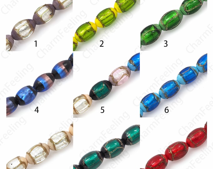 Gold Foil Glass Beads, Murano Spacer Beads, Rice Glass Spacer Beads, Rice Spacer Beads, Necklace Beads, DIY Beading Supplies,16x10mm