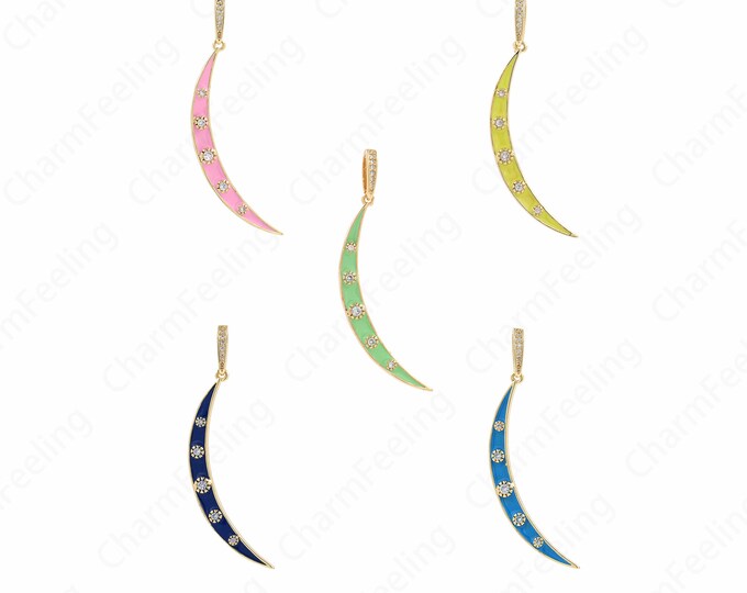Micropavé CZ Enamel Moon Necklace, 18K Gold Filled Crescent Pendant,Crescent Charm, Enamel Charm, DIY Jewelry Accessories 59x13x3mm