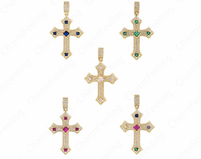 Religious Charm, Cross Necklace, Micropavé CZ Christian Pendant, 18K Gold Filled Cross Charm, DIY Jewelry Supplies, 48x28.5x5mm