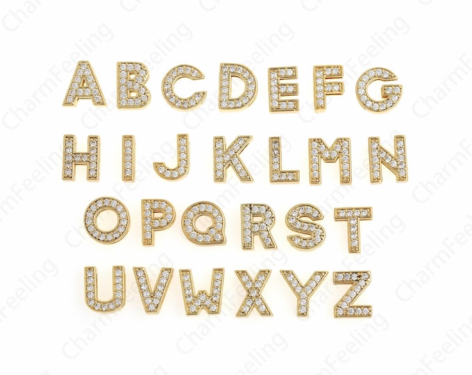 Micropavé CZ Shiny Gold Letters Spacer Beads，18K Gold Filled Bead Charms，Alphabet Beads 12.4x10x4.8mm