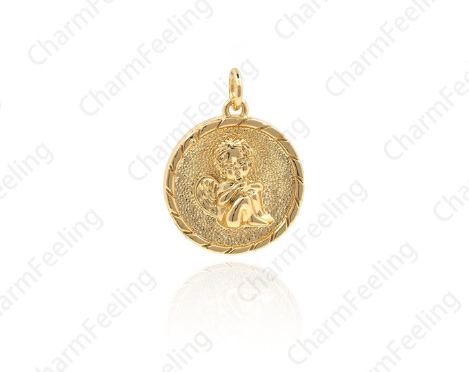 Round Angel Pendant, Angel Necklace, Gold Angel Pendant, Angel Charm, DIY Jewelry Making Accessories 22.5x15x2.8mm 1pcs