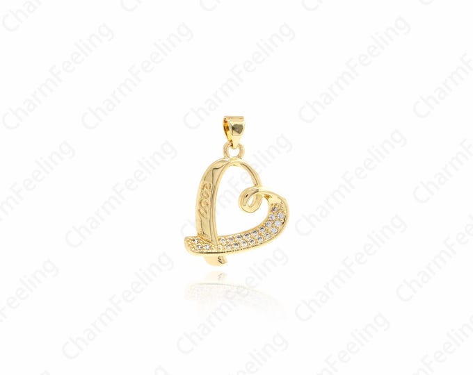 18K Gold Filled Heart Pendant Micropavé CZ Textured Heart Metallic Heart Gold Heart Bracelet Necklace DIY Jewelry Supplies, 28x20x4mm