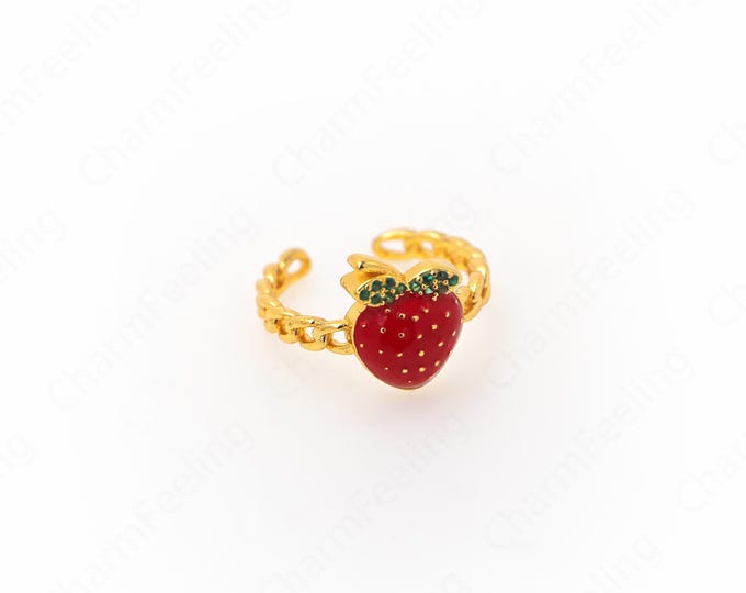 18K Gold Filled Strawberry Enamel Ring, Enamel Charm, Strawberry Charm, Enamel Multicolor Ring, Golden Open Ring,Adjustable Ring, Fruit Ring