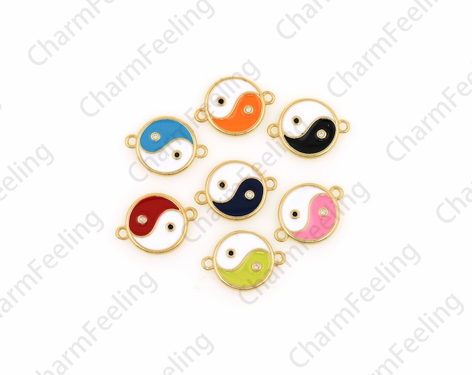 18K Gold Filled Feng Shui Connector, Micropavé CZ Enamel Tai Chi Connector, Taoist Charm, Tai Chi Charm, Hand Link Head, 13x17x1.7mm