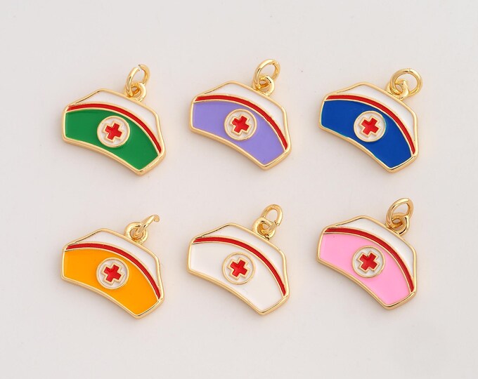 Enamel Nurse Cap Pendant,Nurse Cap Pendant,18K Gold Filled Nurse Cap Charm,DIY Jewelry Accessories,16.5x17.6x1.8mm