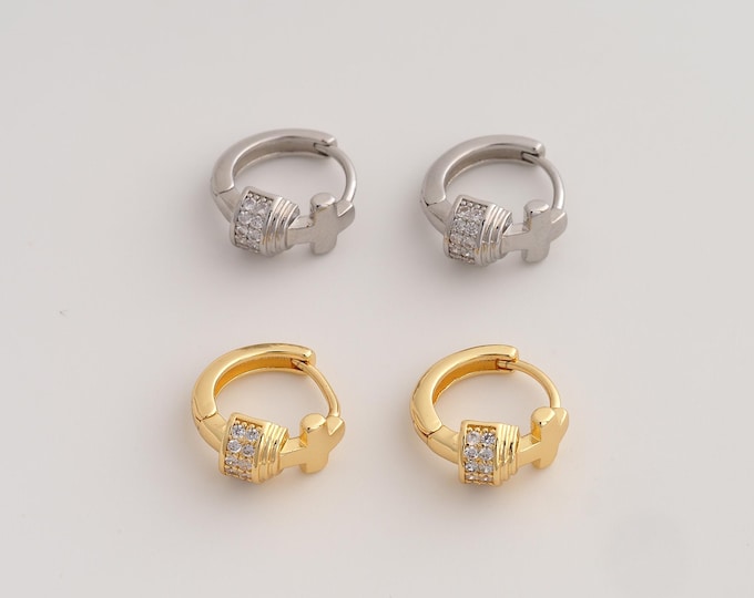 18K Gold Filled CZ Cross Hoop Earrings, Hugging Hoop Earring, Dainty Earrings,15.3x13.2x6.7mm