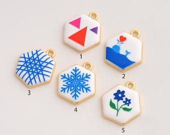Hexagonal Pendant,Enamel Snowflake Pendant,18K Gold Filled Flower Charm,DIY Jewelry Accessories,23x20.8x3.3mm