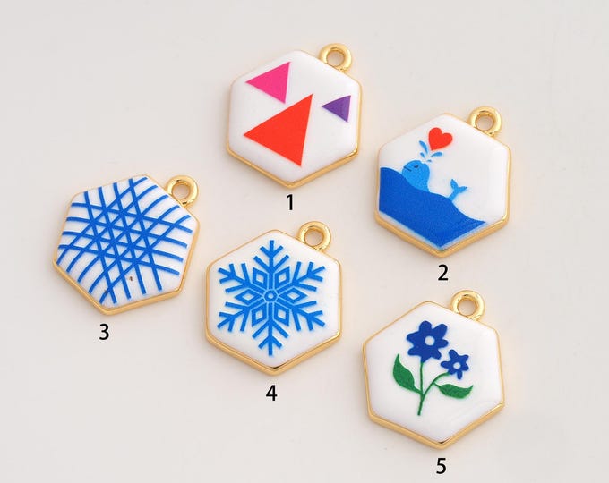 Hexagonal Pendant,Enamel Snowflake Pendant,18K Gold Filled Flower Charm,DIY Jewelry Accessories,23x20.8x3.3mm