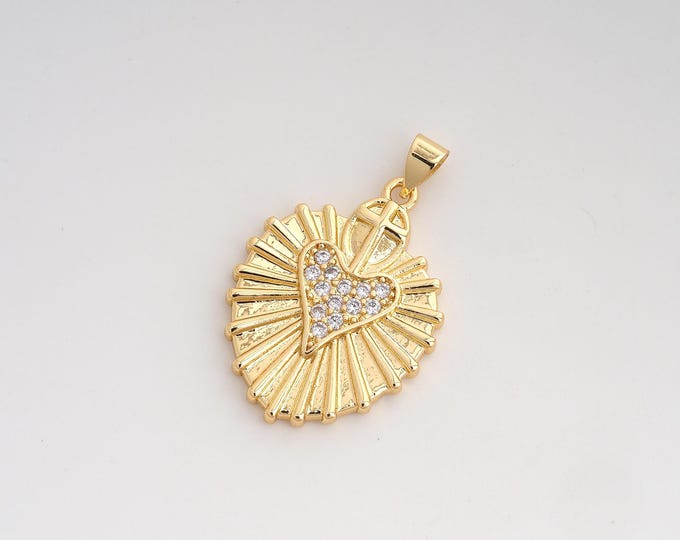 CZ Sacred Heart Pendant,Heart Pendant,18K Gold Filled Sacred Heart Charm,DIY Jewelry Accessories,32.5x20.6x2.7mm