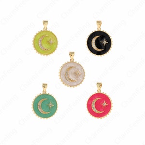 Enamel Star Pendant, 18K Gold Filled Star and Moon Necklace, Star Bracelet, Exquisite Round Necklace, Disc Pendant 26x20x2.5mm