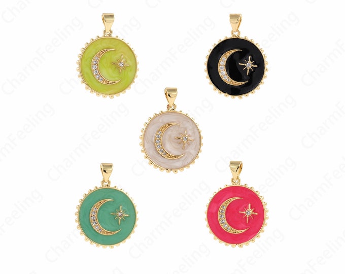 Enamel Star Pendant, 18K Gold Filled Star and Moon Necklace, Star Bracelet, Exquisite Round Necklace, Disc Pendant 26x20x2.5mm