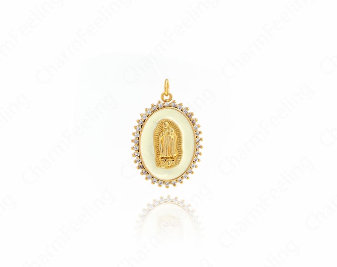 Our Lady Pendant, Oval Maria Pendant, Enamel Charm, 18K Gold Filled Madonna Charm, DIY Jewelry Supplies, 31x20x3mm