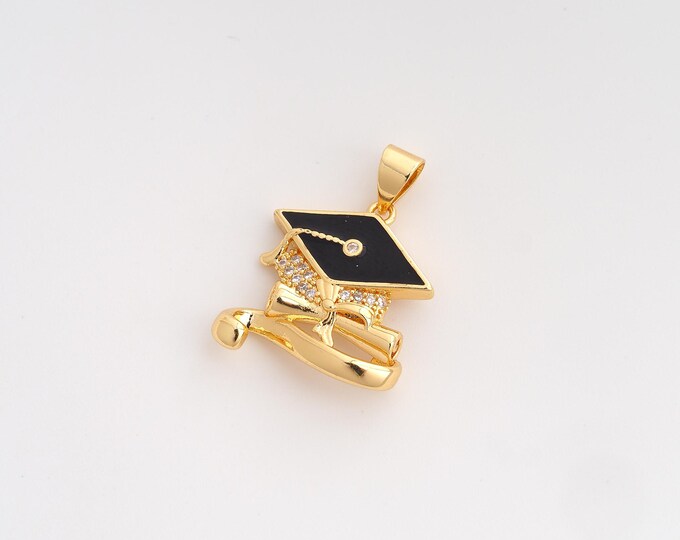 CZ Doctoral Cap Pendant,Enamel Diploma Scroll Pendant,18K Gold Filled Doctoral Cap Charm,DIY Jewelry Accessories,23.2x18x5.3mm