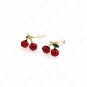 Cherry Earrings, Fruit Earrings,Enamel Fruit Charm,18K Gold Filled Cherry Stud Earrings, Cherry Charm,DIY Jewelry Supplies, 16.5x12.5x5.5mm