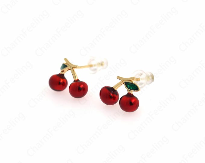 Cherry Earrings, Fruit Earrings,Enamel Fruit Charm,18K Gold Filled Cherry Stud Earrings, Cherry Charm,DIY Jewelry Supplies, 16.5x12.5x5.5mm