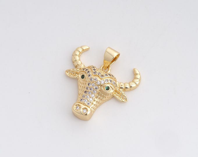 18K Gold Filled Cow Charm, Wild Animal Charm, Micropavé CZ Animal Necklace, Bull Head Pendant, DIY Jewelry Supplies, 21.7x20.3x5.8mm