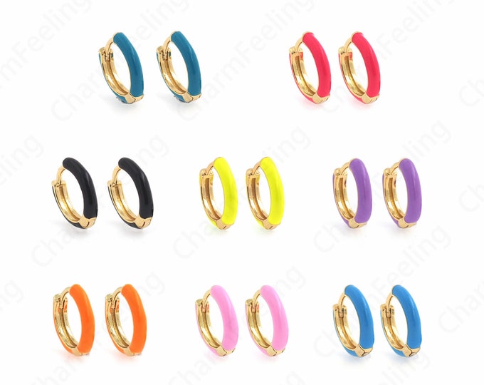 1 pair 18K Gold Filled Enamel Huggie Hoop, Enamel Charm,Minimalist Ear Hoop,Small Hoop, The Perfect Gift for Her And The Girl 13x13.3x3mm