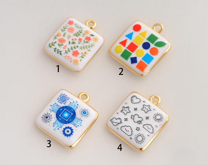 Enamel Square Pendant,Flower Pendant,18K Gold Filled Square Charm,DIY Jewelry Accessories,20.3x17.4x4.5mm