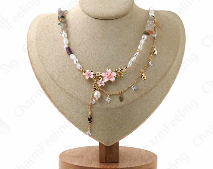 Layered Necklace, Flower Necklace, 18K Gold Filled Enamel Necklace, Daily Necklace, Micropavé CZ Plant Necklace, DIY Jewelry Supplies, 43cm