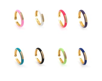 18K Gold Filled Enamel Ring, Micropavé CZ Gold Open Ring, Adjustable Ring, Enamel Charm, Exquisite Ring, A Gift For Her